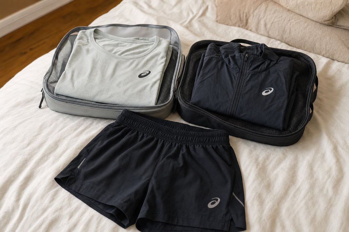 Lightweight running gear laid out on a bed including Asics moisture-wicking shirt, running shorts, and compact jacket, organized in packing cubes