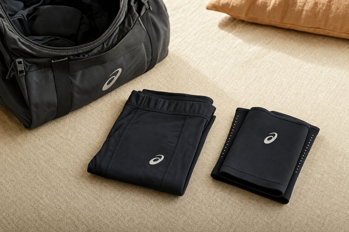 ASICS compression tights and calf sleeves folded compactly demonstrating space-saving packing technique