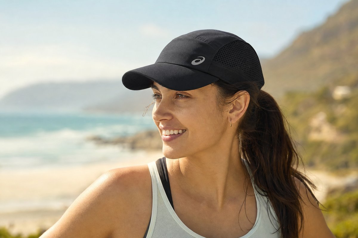 ASICS running cap with mesh panels and moisture-wicking sweatband positioned on beach or outdoor vacation setting