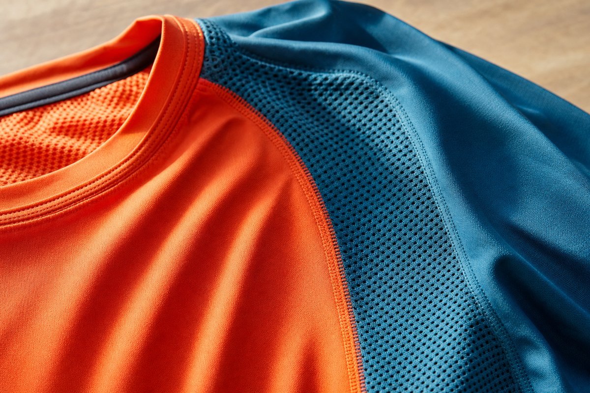 Close-up of technical running shirt fabric with moisture-wicking material and mesh ventilation panels in bright athletic colours
