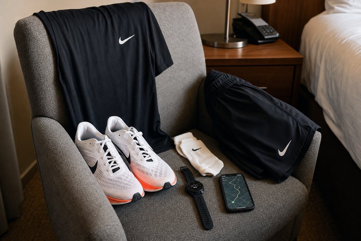 Running clothes laid out the night before on hotel chair with phone showing morning alarm and route map