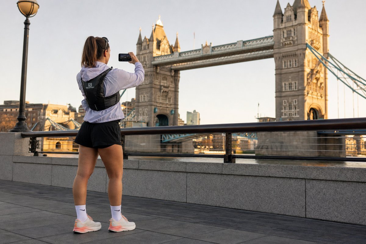 Runner stopped at famous urban landmark taking photo with city architecture and early morning light