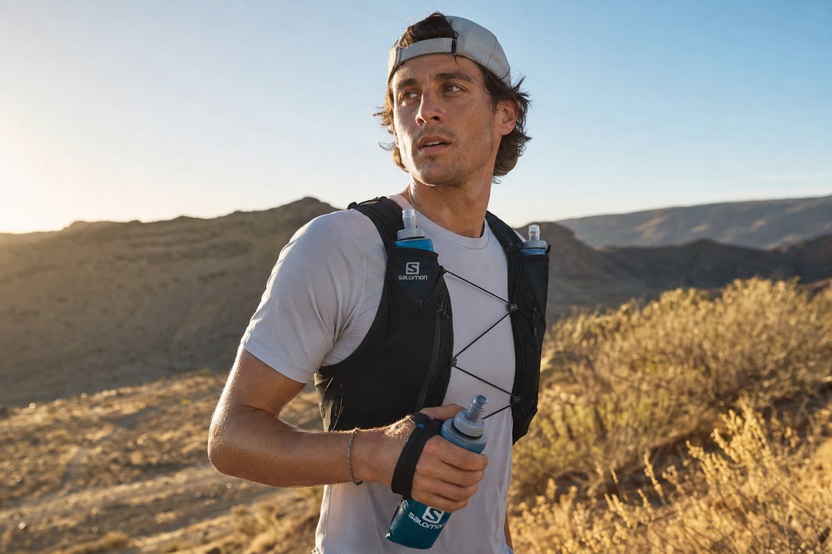 Runner holding water bottle during hot weather run, with hydration pack or handheld bottle visible