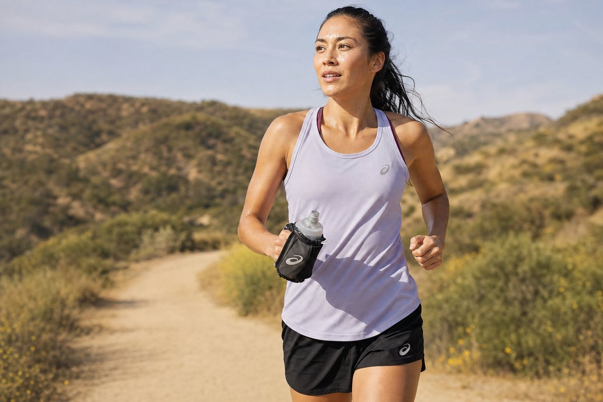 Runner holding handheld water bottle on sunny trail, wearing ASICS running gear